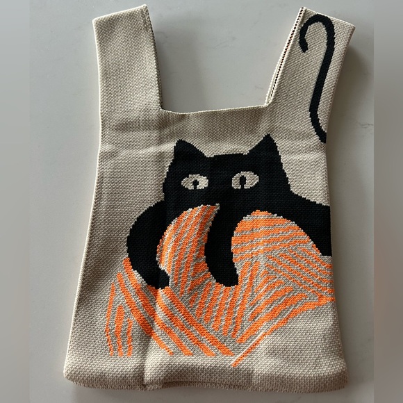 Handbags - Knit Cat Design wrist/hand knot tote Bag